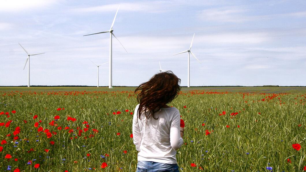 Persoon met lang bruin haar kijkt naar windmolens in bloemenwei