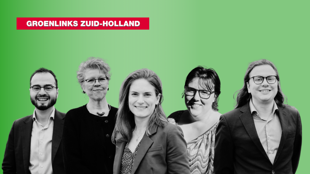 Zwart/witte Fotocollage van de fractie van GroenLinks Zuid-Holland tegen een groene achtergrond.