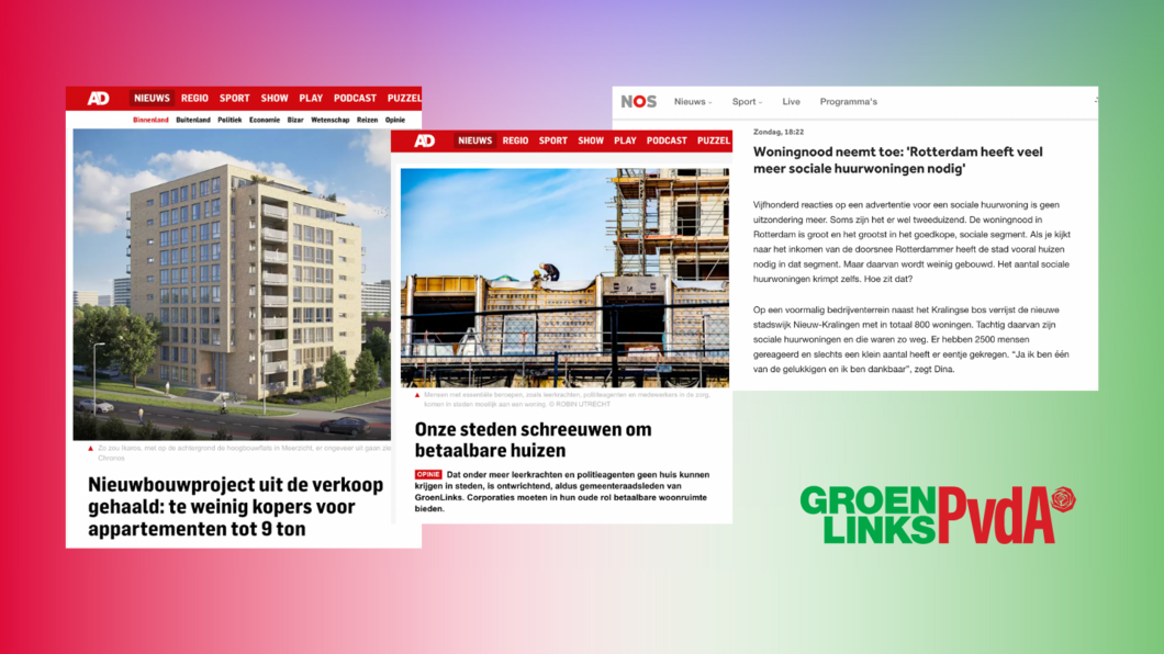 Collage beeld van diverse krantenkoppen over de woningcrisis op een gekleurde achtergrond