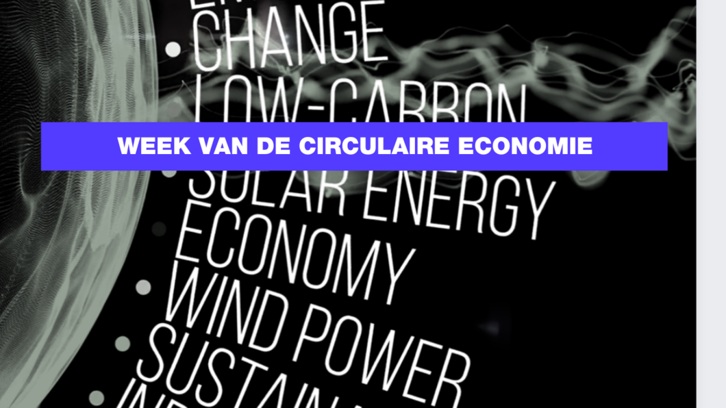 zwart witte achtergrond met paarse balk met witte letters "week van de circulaire economie