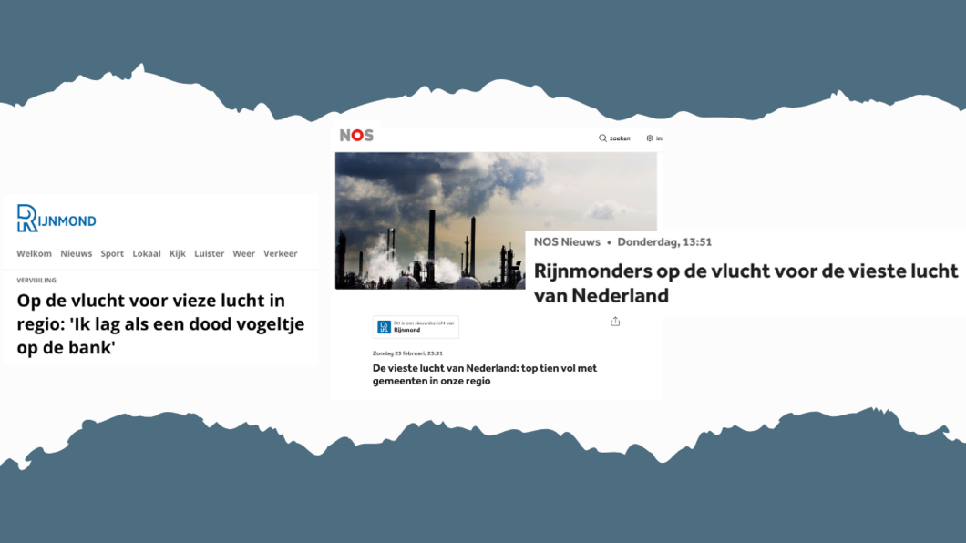 grijsblauwe achtergrond met 'krantenknipsels' van de nieuwsberichten over de vervuilde lucht'