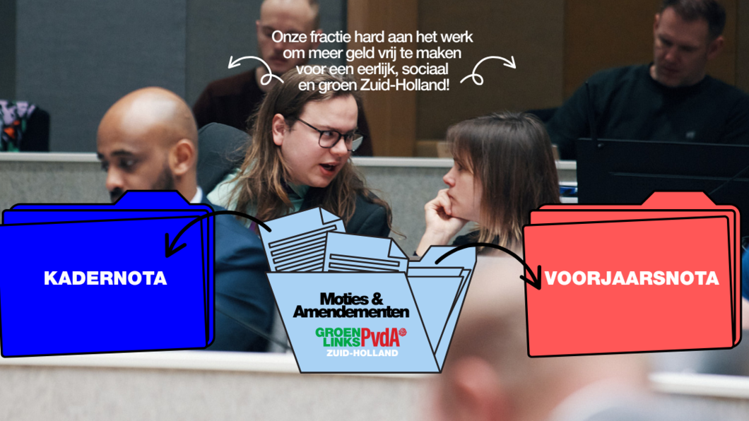 foto van deel van de fractie in de statenzaal met illustraties van document mappen