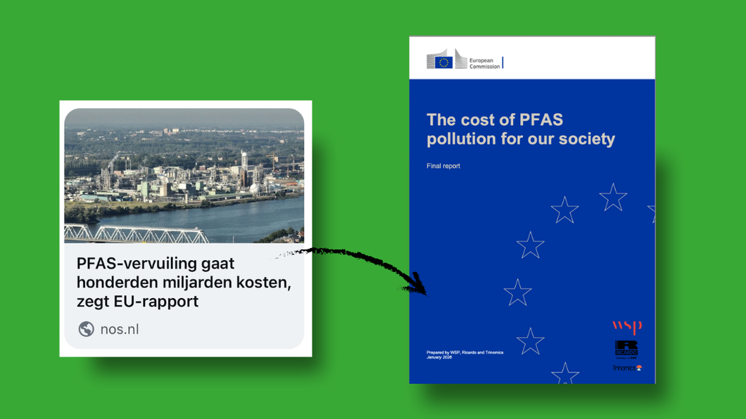 Groene achtergrond met afb van een krantenkop en voorkant rapport uit dit stuk