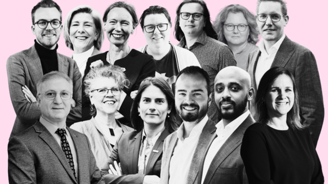 Collage stijl foto's van de fractie en gedeputeerden zwart wit op roze achtergrond