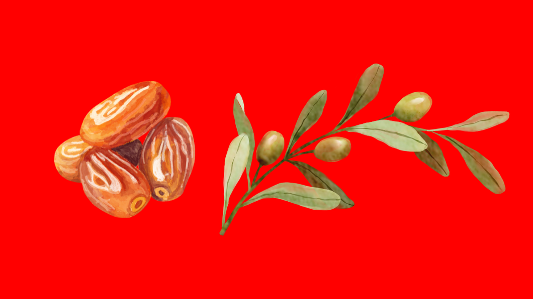 Rode achtergrond met illustratie van dadels en olijven