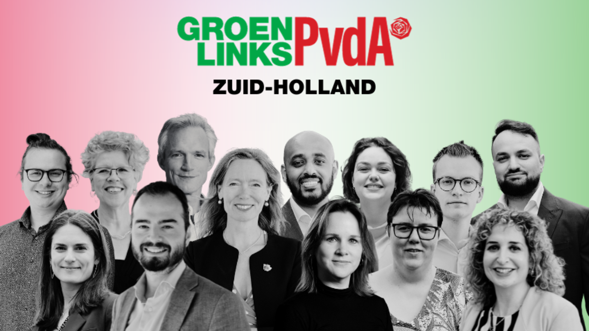 Collage stijl zwart wit Fotos van de fractie GroenLinks-PvdA Zuid-Holland. Kleurige achtergrond die verwijst naar de huisstijl van beide partijen en het gezamenlijke logo