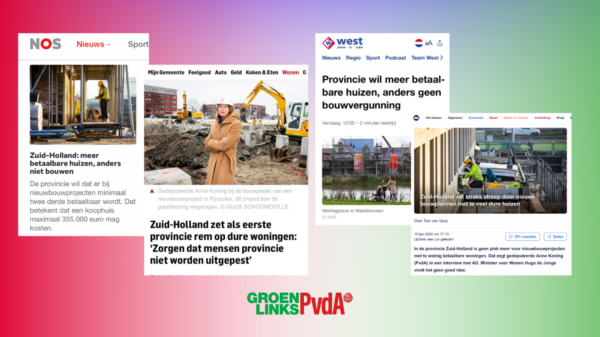Gekleurde achtergrond met krantenknipsels over betaalbaar wonen in Zuid Holland