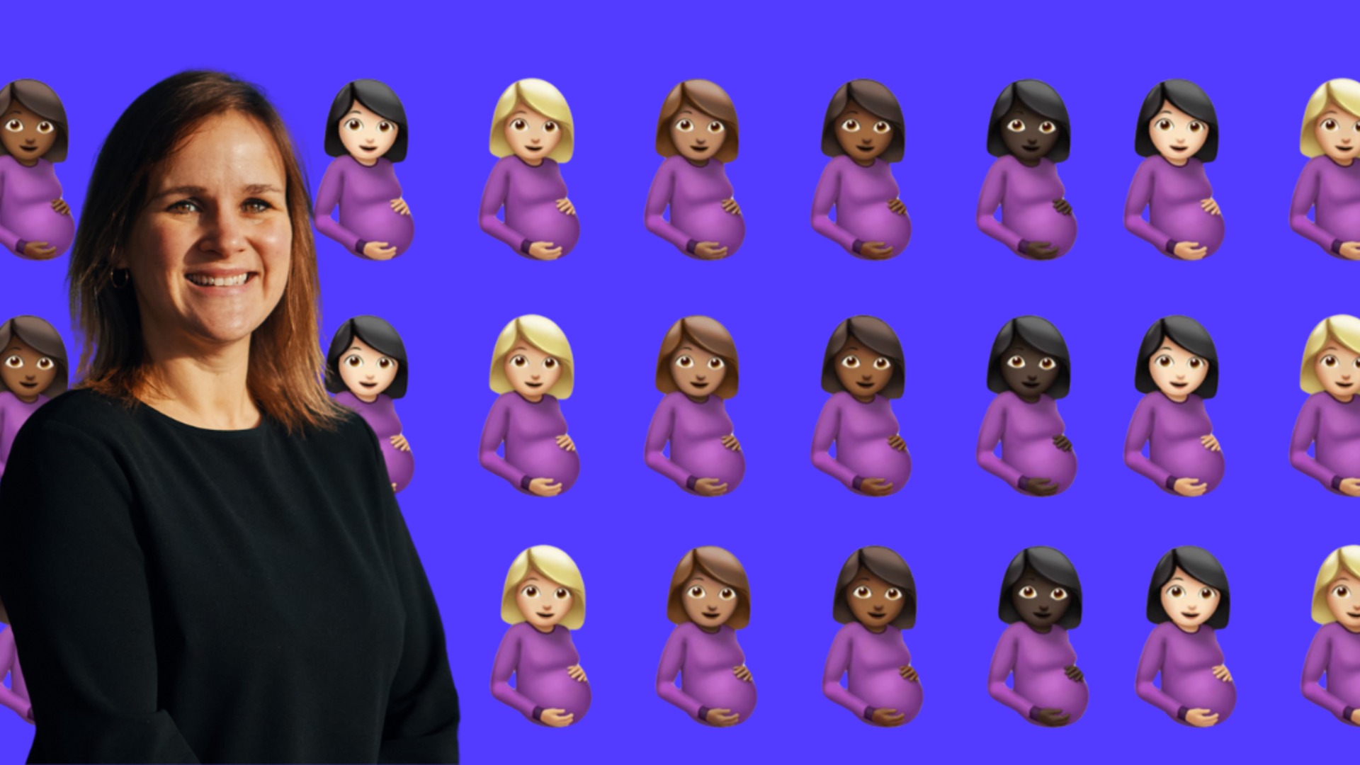 Paarse achtergrond met patroon van de zwangere vrouw emoji en een foto van Statenlid Marleen Maat