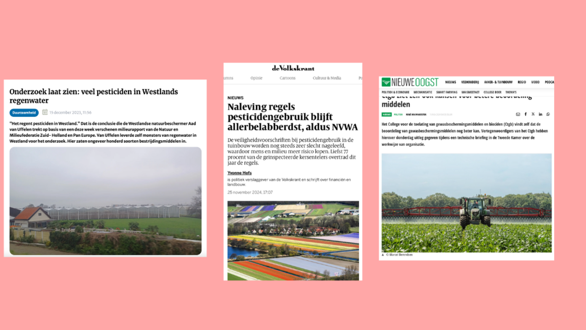 Zalmroze achtergrond met krantenknipsels Handhaving & Pesticiden gebruik Zuid-Holland