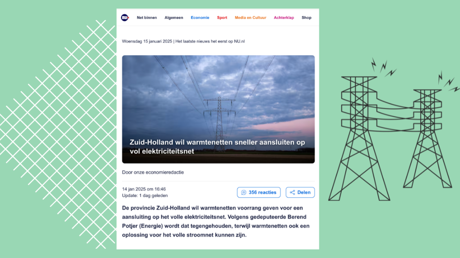 Groene achtergrond met krantenkop van Nu