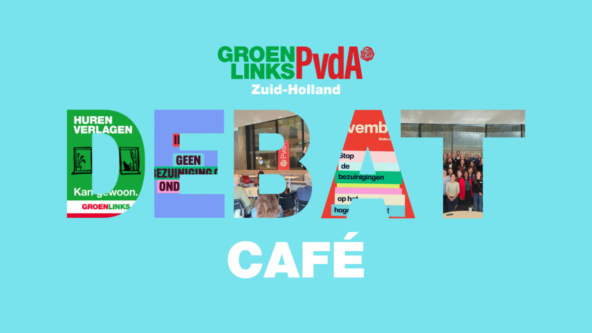 Blauwe achtergrond en kleurrijke letters 'Debatcafe'