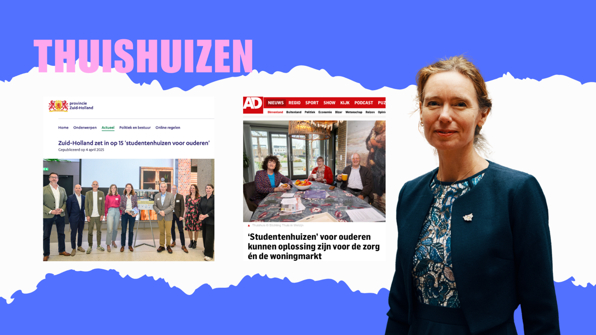 Paarse achtergrond met krantenknipsels over thuishuizen en foto van gedeputeerde Anne Koning