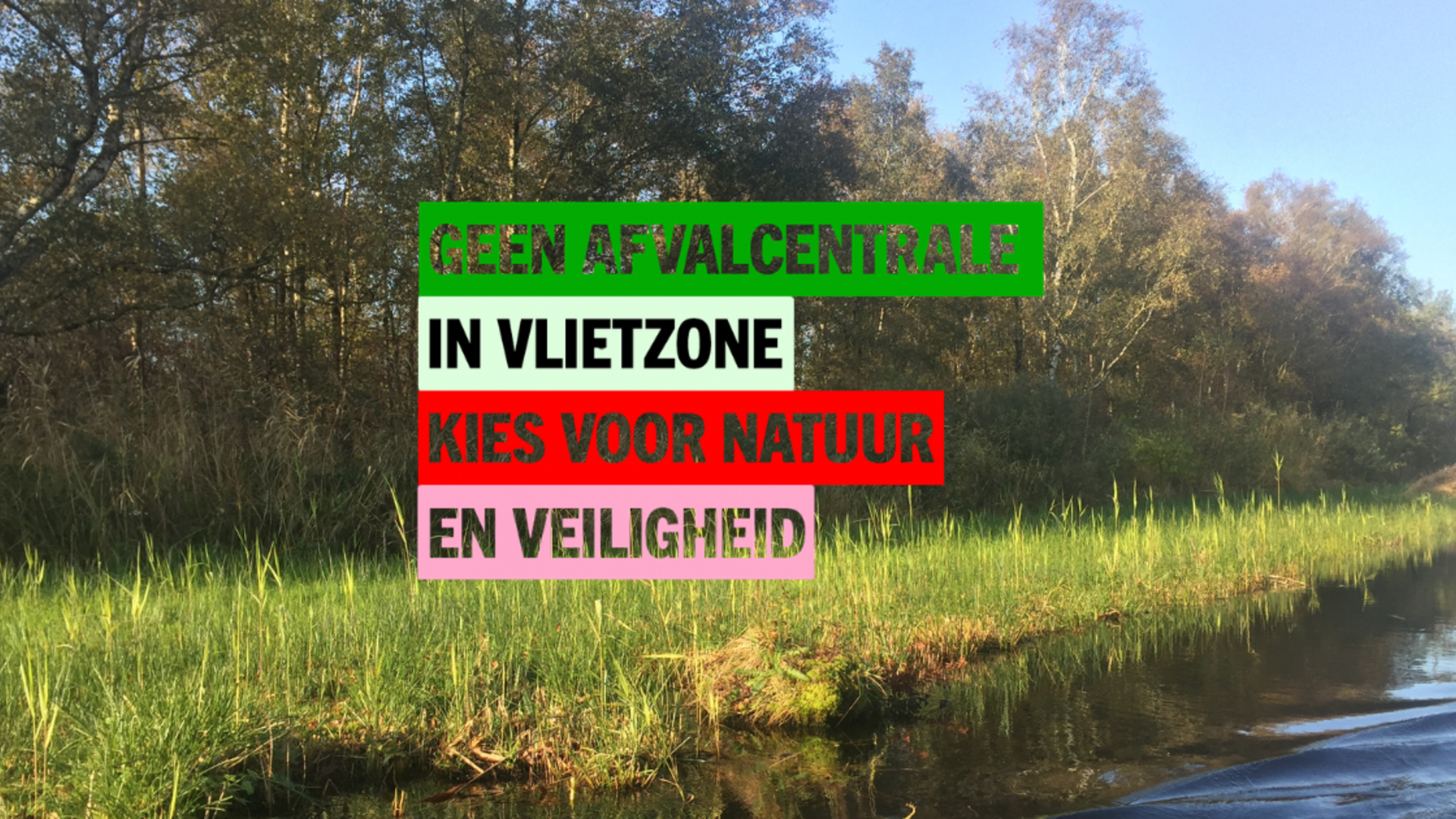 Foto van water gras en bomen met titel in kleur