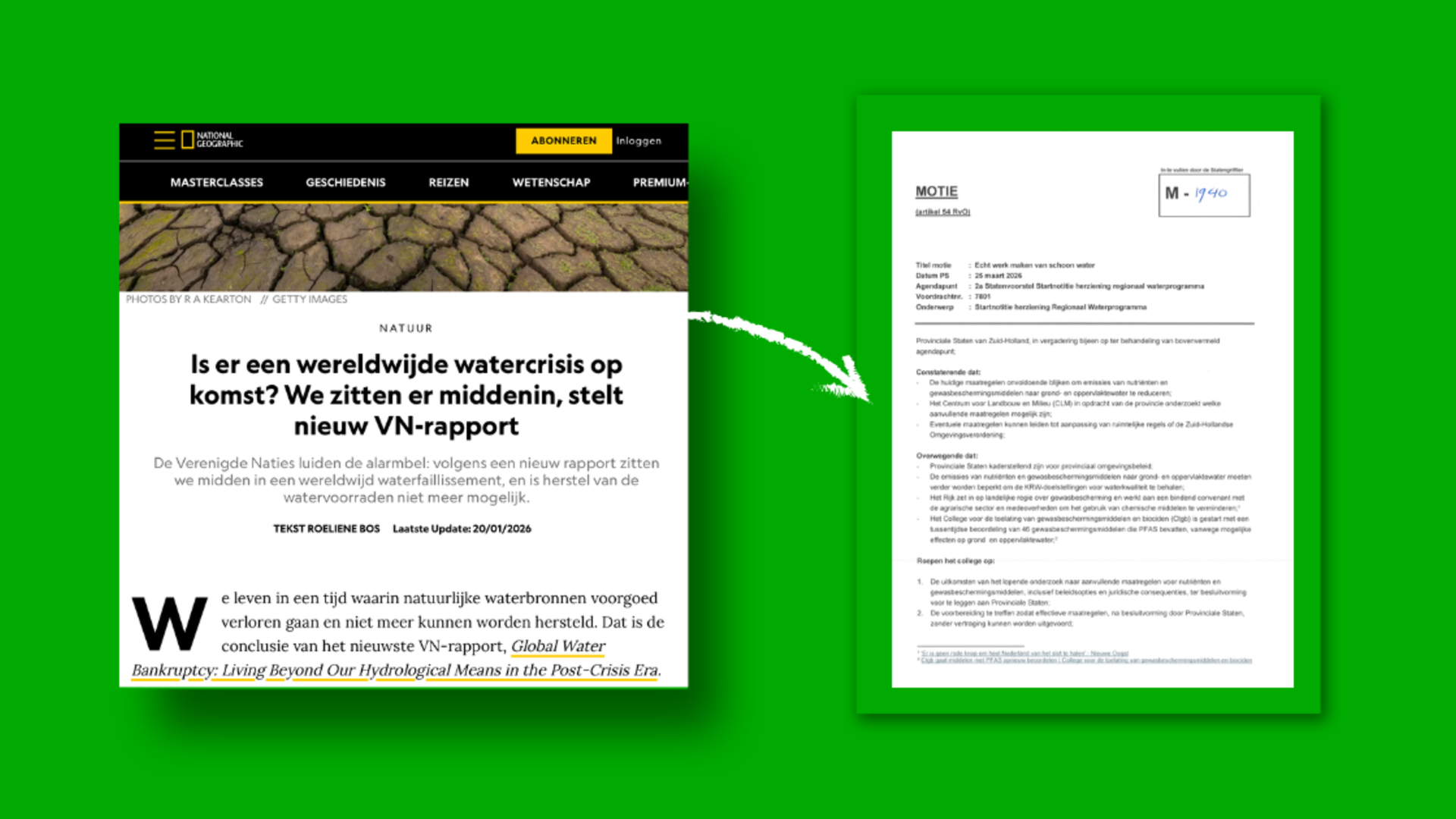 Groene achtergrond met afbeeldingen van de motie uit het stuk en nieuws over water faillissement