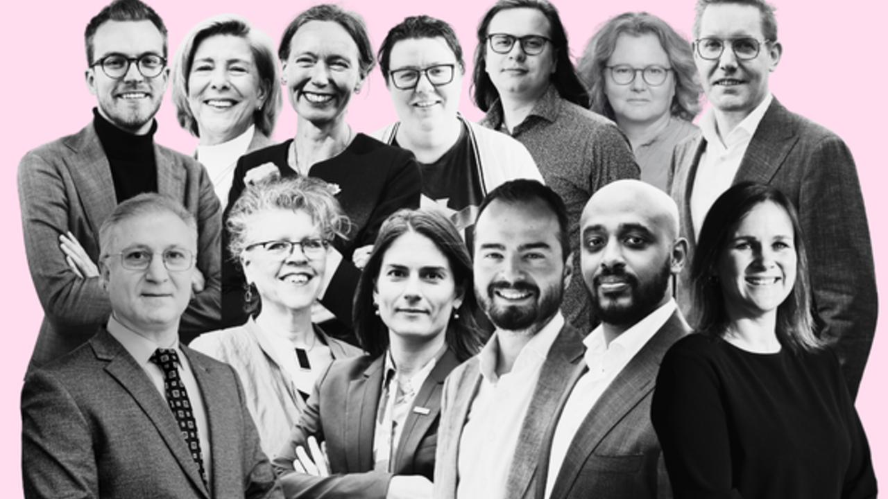 Collage stijl foto's van de fractie en gedeputeerden zwart wit op roze achtergrond